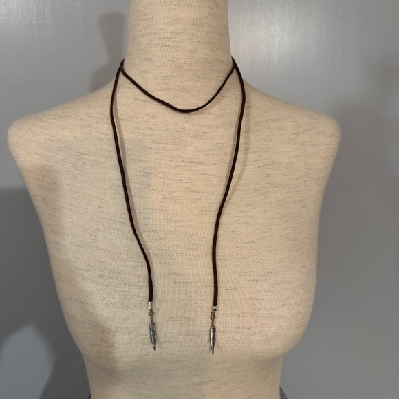 Silver Feather Pendant Necklace on Black Cord - Picture 2 of 6